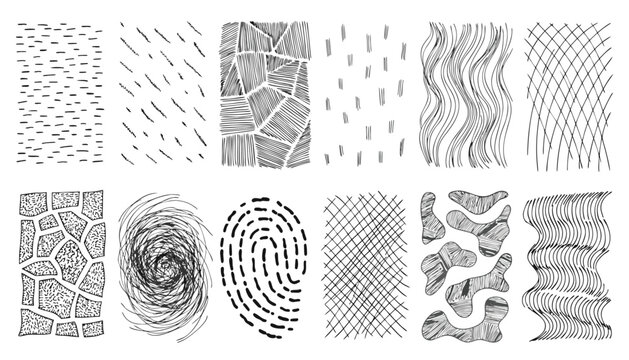 Collection of abstract black and white fingerprint like textural patterns