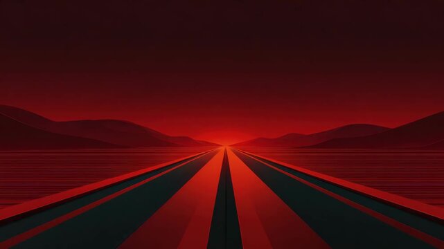 Abstract road perspective with red light and dark landscape, futuristic horizon, symmetrical lines, geometric road view, red sky, dramatic abstract landscape, SEO friendly digital art