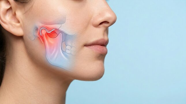 Medical illustration of a woman's side profile showing temporomandibular joint inflammation and jaw pain
