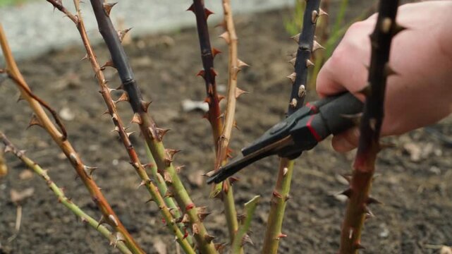 Pruning rose bush branches with secateurs close-up
