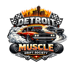 Detroit Muscle Drift Society, muscle drift crew, Detroit drift culture, american muscle drifting, street racing society, V8 drift cars, aggressive muscle car logo, underground drift scene, automotive  © Athalla