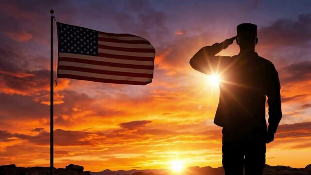 American soldier saluting the national flag at sunset  patriotism and respect