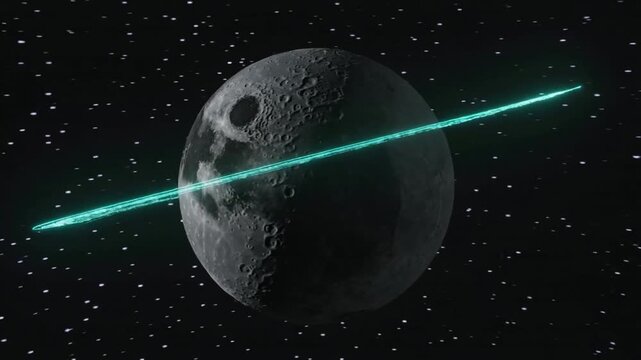 Sweeping teal orbital ring initiating rotation, orbiting cratered lunar sphere across star field