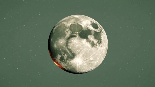 Showing cratered lunar sphere pulsing orange glow on left limb since first frame, muted green stars