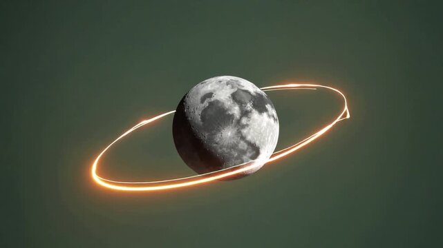 Appearing orange ring orbiting textured moon on dark green gradient, highlighting surface shadows