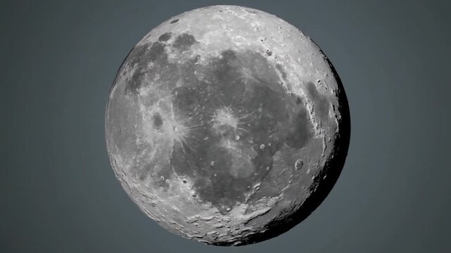 Camera orbit starting, rotating full Moon showing craters and maria, revealing surface details