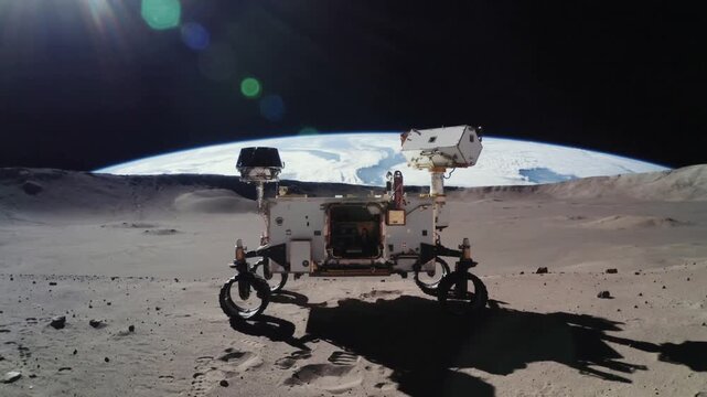 Camera shifting forward, six-wheeled lunar rover remaining stationary on lunar plain, showing Earth