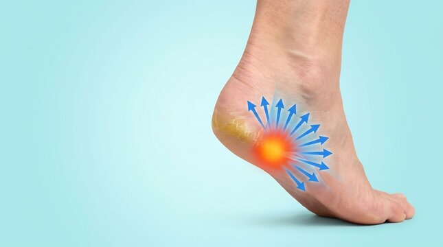 Human foot heel with callus and graphic visualization of pressure and pain inflammation on light blue background