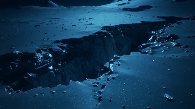 Slow forward push moving oblique camera revealing deep jagged fissure on plain highlighting depth