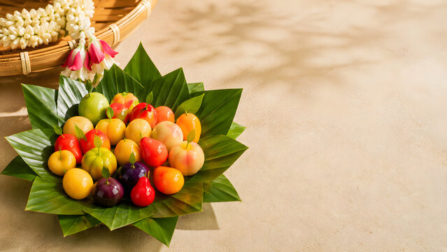 Commercial food photography for luxurious Thai Luk Chup (traditional Thai dessert) served on banana leaves, with space for text. Premium traditional Thai dessert.