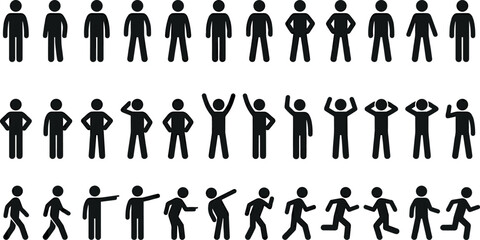 Stick Figure Posture Icon Set with Various Body Gestures Standing Walking Running and Hand Actions Pictograms Vector Illustration © MstRozina