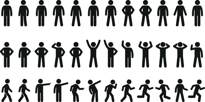 Stick Figure Posture Icon Set with Various Body Gestures Standing Walking Running and Hand Actions Pictograms Vector Illustration