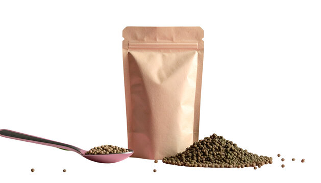 Close-up of a brown pouch, spoon, and small granular objects against a black background