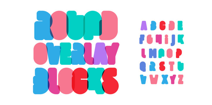 Rounded blocks alphabet, bright rainbow colors, modern geometric font. Bright colorful type for creative kid logo, headline, lettering and typography. Trendy style letters, vector typographic design
