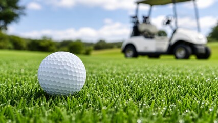 Golf ball on green dewy grass with blurred golf cart in background for outdoor sport promo and luxury golf club