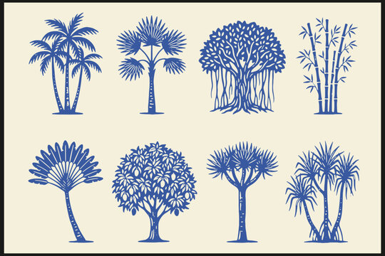 Stylized blue line illustration of tropical and exotic trees including palm fan palm banyan bamboo traveler&rsquo;s palm dragon tree and yucca on beige background