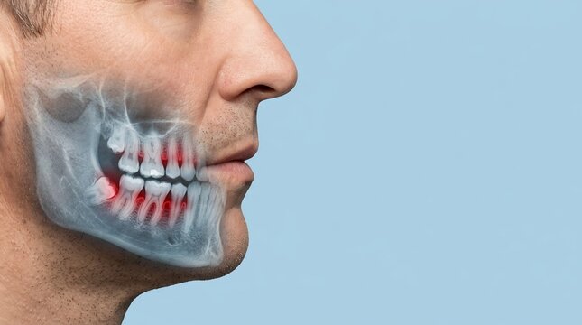 Profile of a man with a dental X-ray overlay showing red highlighted inflammation in the gums and teeth