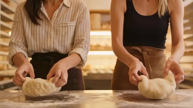 Kneading two bakers starting with hands on dough at bakery prep table, in aprons shaping loaves