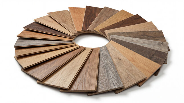 Circular array of diverse wood and laminate flooring samples for home renovation, isolated on white background