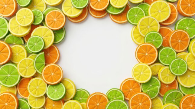 Circular border of colorful citrus fruit slices on white background.