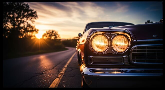 Classic American Muscle Car Driving into a Golden Sunset on a Country Road.