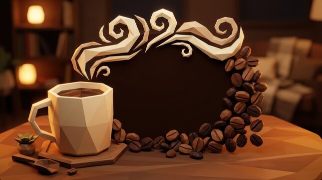 Stylized coffee cup with artistic coffee bean frame decoration.
