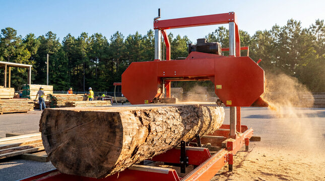 A portable sawmill actively cutting a large timber log, producing fresh lumber with sawdust flying at an outdoor site