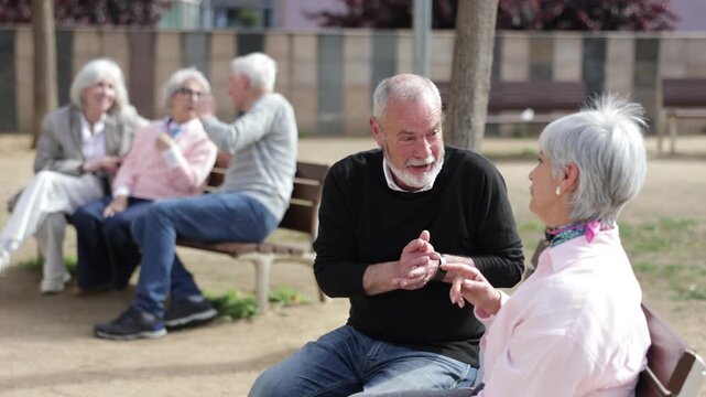 Attempt to meet and find love. Chance encounter between senior strangers in park. Man is trying to get to know woman. Elderly couple sit on bench, flirting, having nice conversation