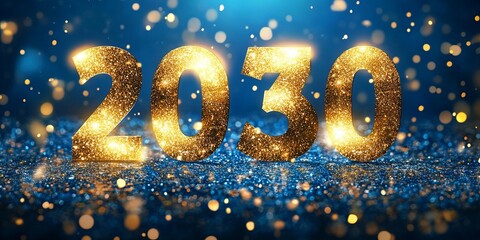 Obraz premium Glittering Golden 2030 Numerals on a Shimmering Surface Under Sapphire Blue Spotlight Backdrop