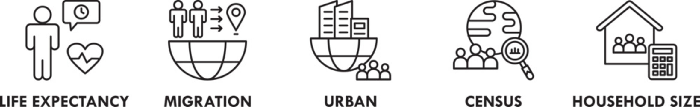 Demographic Statistics Vector Icons with Census Migration Urban Population and Household Data Symbols
