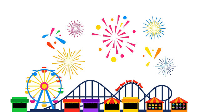 Amusement Park Fun: Ferris Wheel, Roller Coaster, Stalls & Fireworks