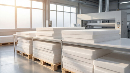 Fototapeta premium Stacks of white foam insulation panels awaiting production or shipment in a modern industrial factory setting