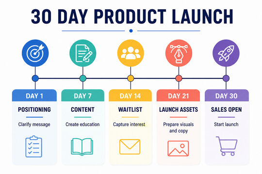 A timeline graphic illustrates a 30-day product launch process with milestones from Day 1 to Day 30.