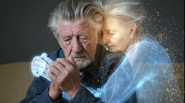 Elderly man deeply grieving, embracing the profound astral memory of a cherished deceased loved one, intense soul pain, separation sorrow, eternal longing, spiritual connection