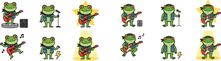 Fototapeta premium Cool Rocker Frog Musician Character Set Featuring Various Poses Playing Electric Guitar and Singing for Music Festivals Concert Promotions and Creative Band Merchandising Graphic Designs