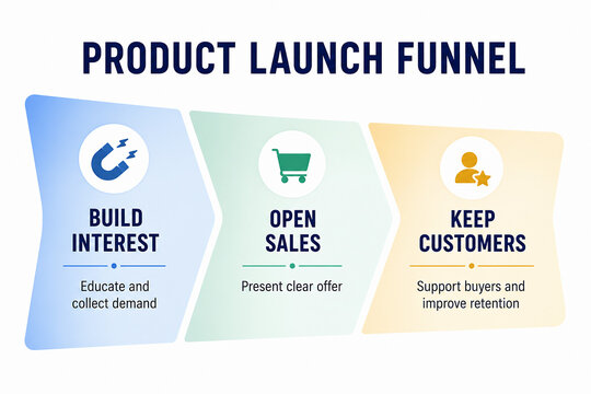 A diagram illustrates a product launch funnel with three stages: Build Interest, Open Sales, and Keep Customers.