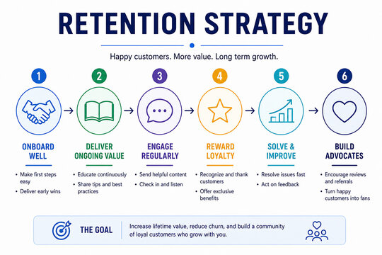 A diagram illustrates a six-step retention strategy for businesses aiming to increase lifetime value and build loyal customers.