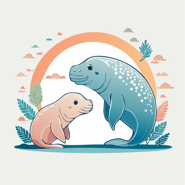 Cute Manatee Mother and Calf Illustration