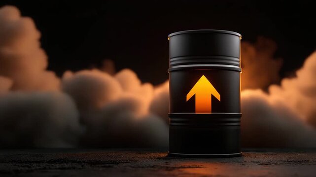 Oil barrel with upward arrow smoky dark scene, black barrel with glowing symbol, dark background industrial container with dramatic orange light, fuel energy petroleum metal barrel storage transport