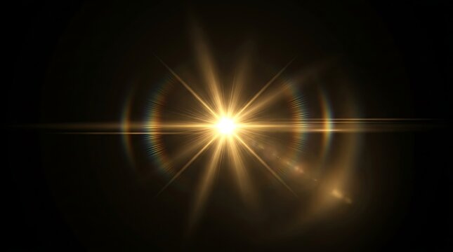 High-contrast golden lens flare with intense light streaks radiating outward on a deep black background, creating a dramatic and glowing effect.