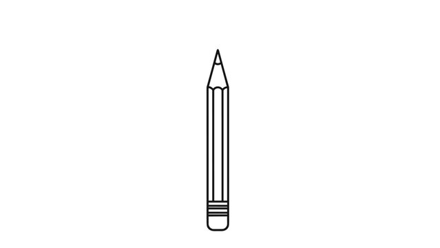 Simple black and white line drawing of a sharp pencil with an eraser shown vertically on a plain white background for school themes.
