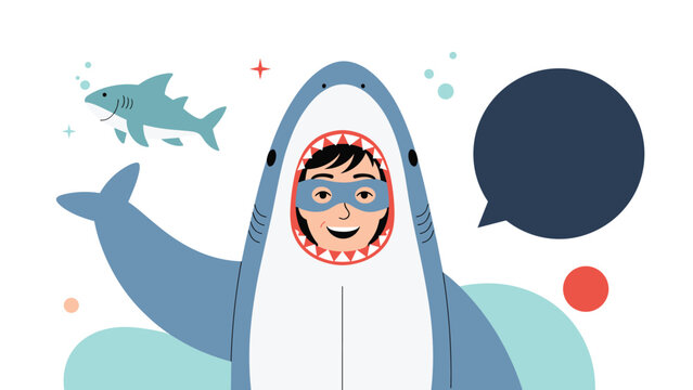 Happy young boy wearing a shark costume with a blue mask and a speech bubble for communication on a clean background.