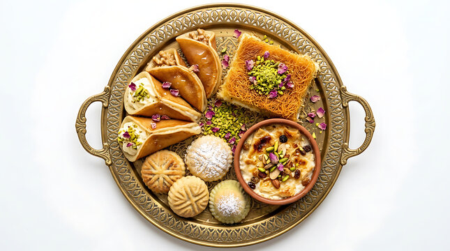Assorted traditional middle eastern sweets served on an ornate antique brass tray featuring kunafa qatayef and maamoul pastries