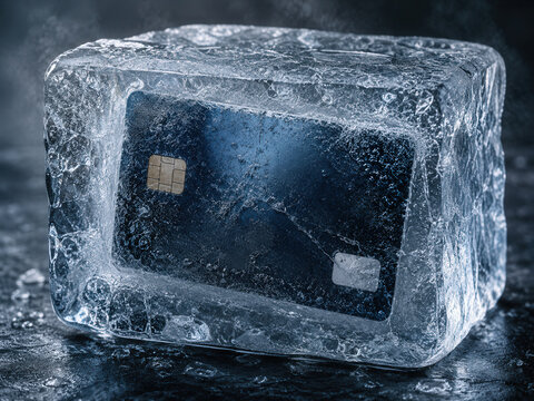 Frozen Bank Card Trapped Inside Clear Ice Block