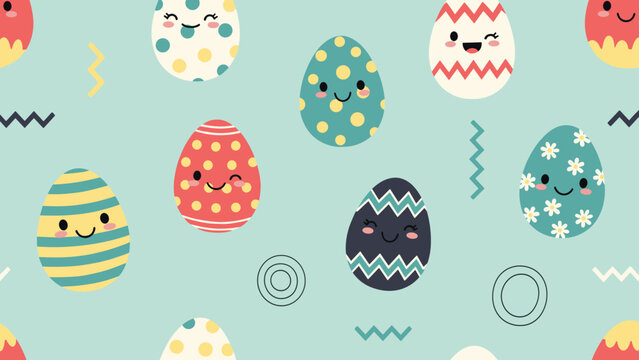 Seamless background pattern of cute colorful Easter eggs with happy smiling faces and various decorative designs on light blue background.