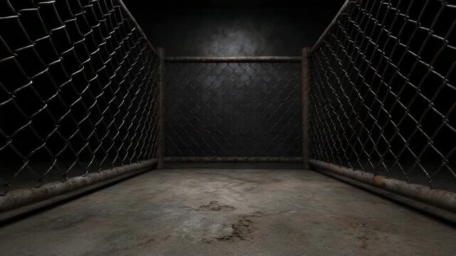 Dark chain link fence enclosing empty metal cage concrete floor inside shadowy industrial arena with black background and moody lighting, isolated mixed martial arts enclosure interior, searchable