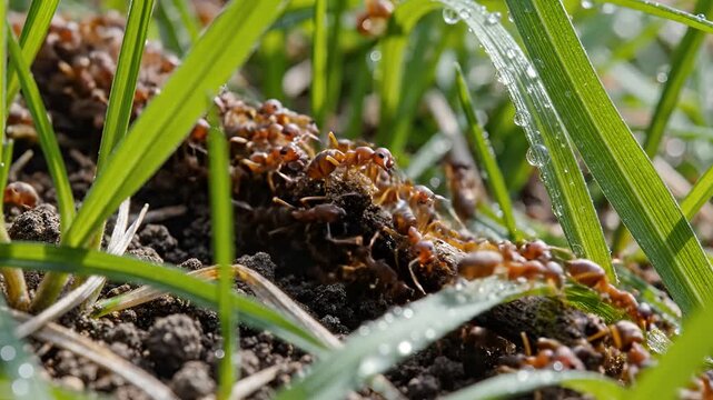 Closeup of an ant colony mound teeming with activity in lush green grass.