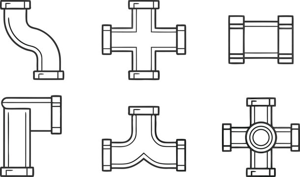 Minimalist illustrating plumbing tools and components in black and white plumbing pipe wrench