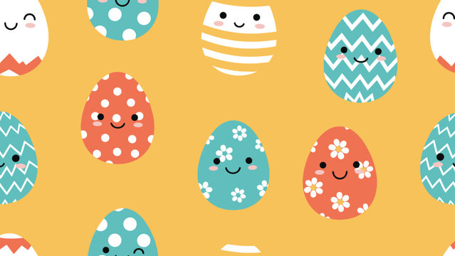 Seamless pattern of cute easter eggs with smiling faces and various colorful patterns on a bright yellow background for kids.