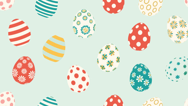 Festive seamless pattern featuring colorful easter eggs decorated with dots, stripes, and floral patterns on a light blue background.